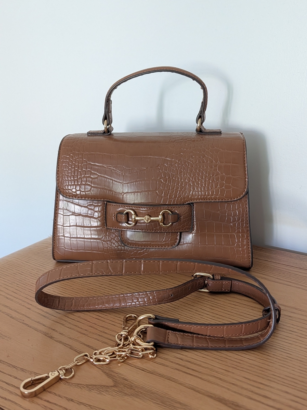 Anne Klein Brown Croc-Embossed Satchel with Gold Hardware
